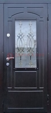 Черная уличная дверь Винорит со стеклом и ковкой ДСК-259 в Хотьково